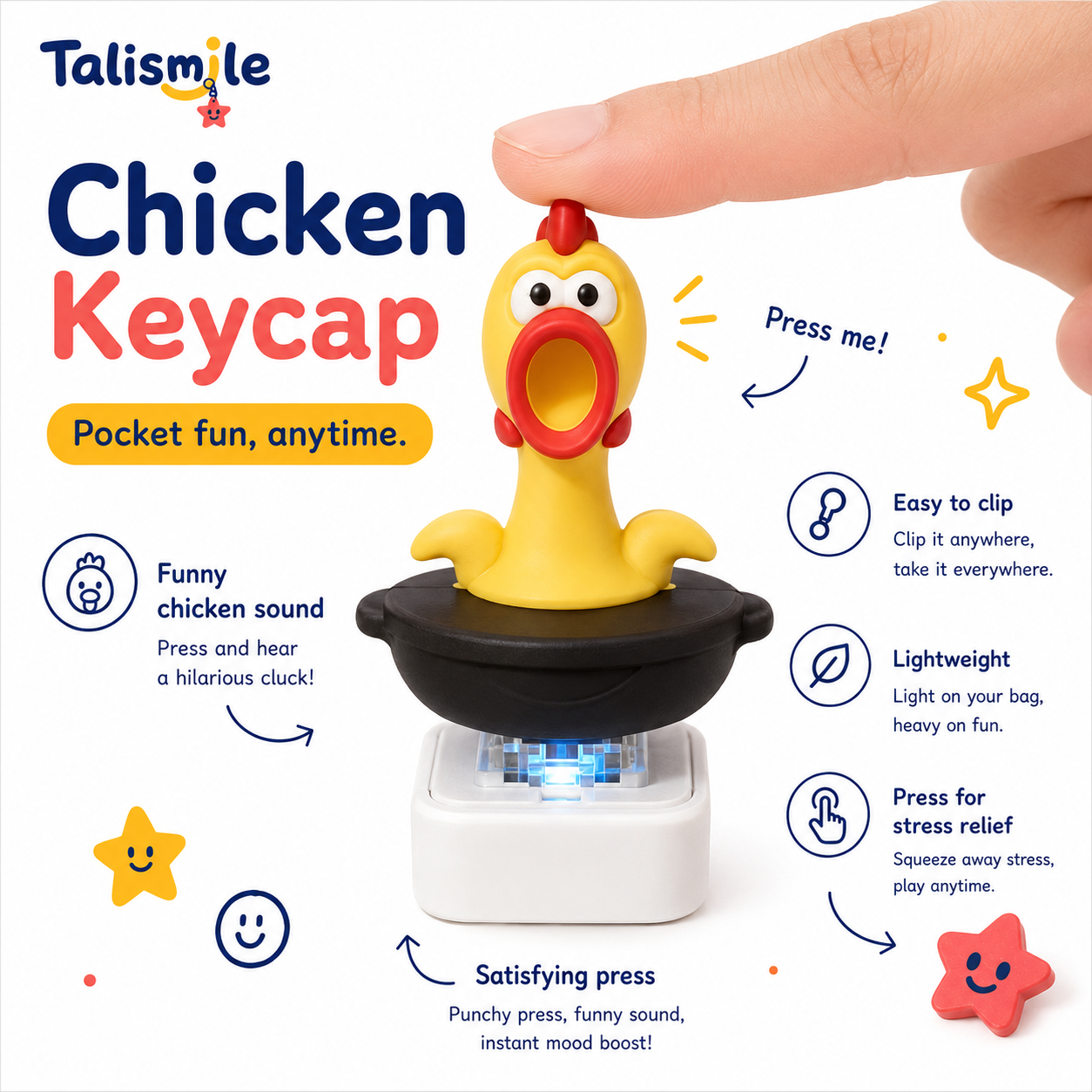 Clucking Chicken Clicker Keychain - Light-Up Sound Fidget Toy